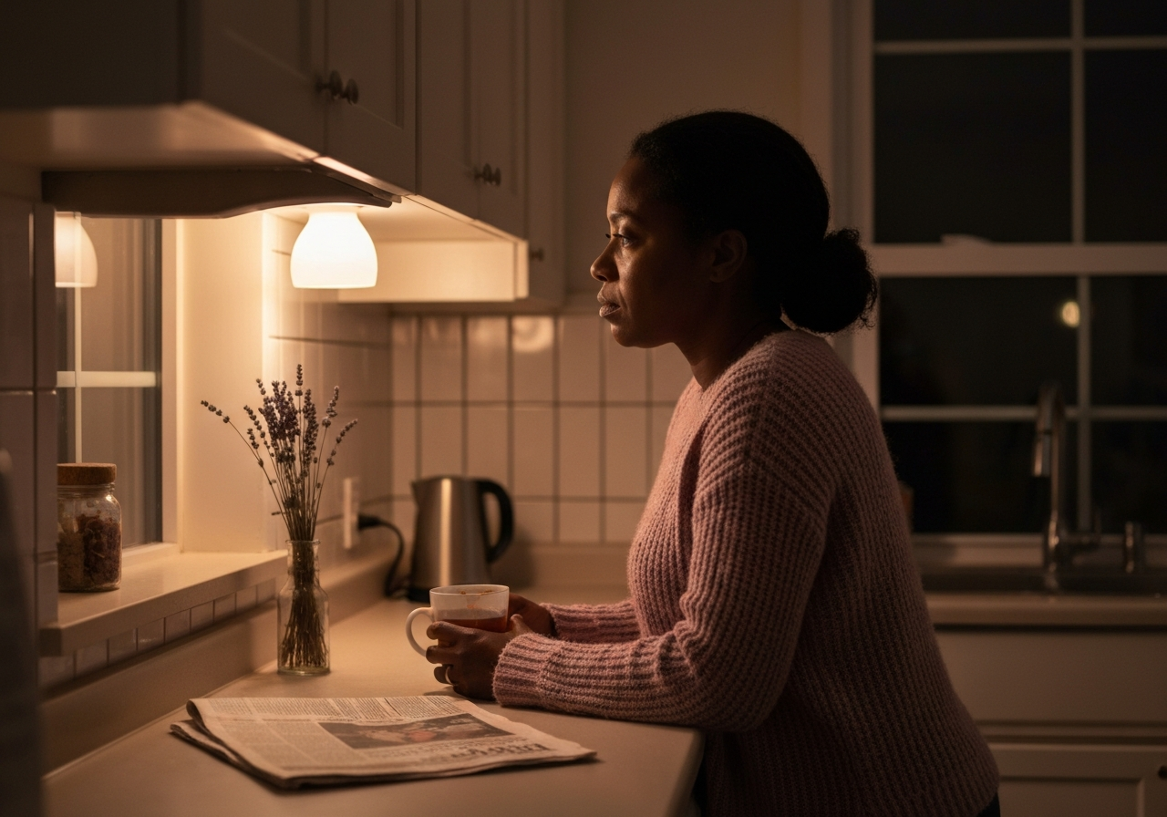 Une femme seule devant la fenêtre de sa cuisine, isolement post-opératoire