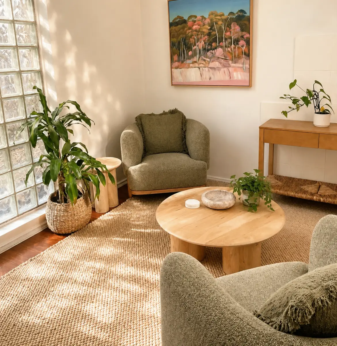 Comfortable and calming therapy room interior for in-person counselling sessions at Haia Counselling in Gardenvale