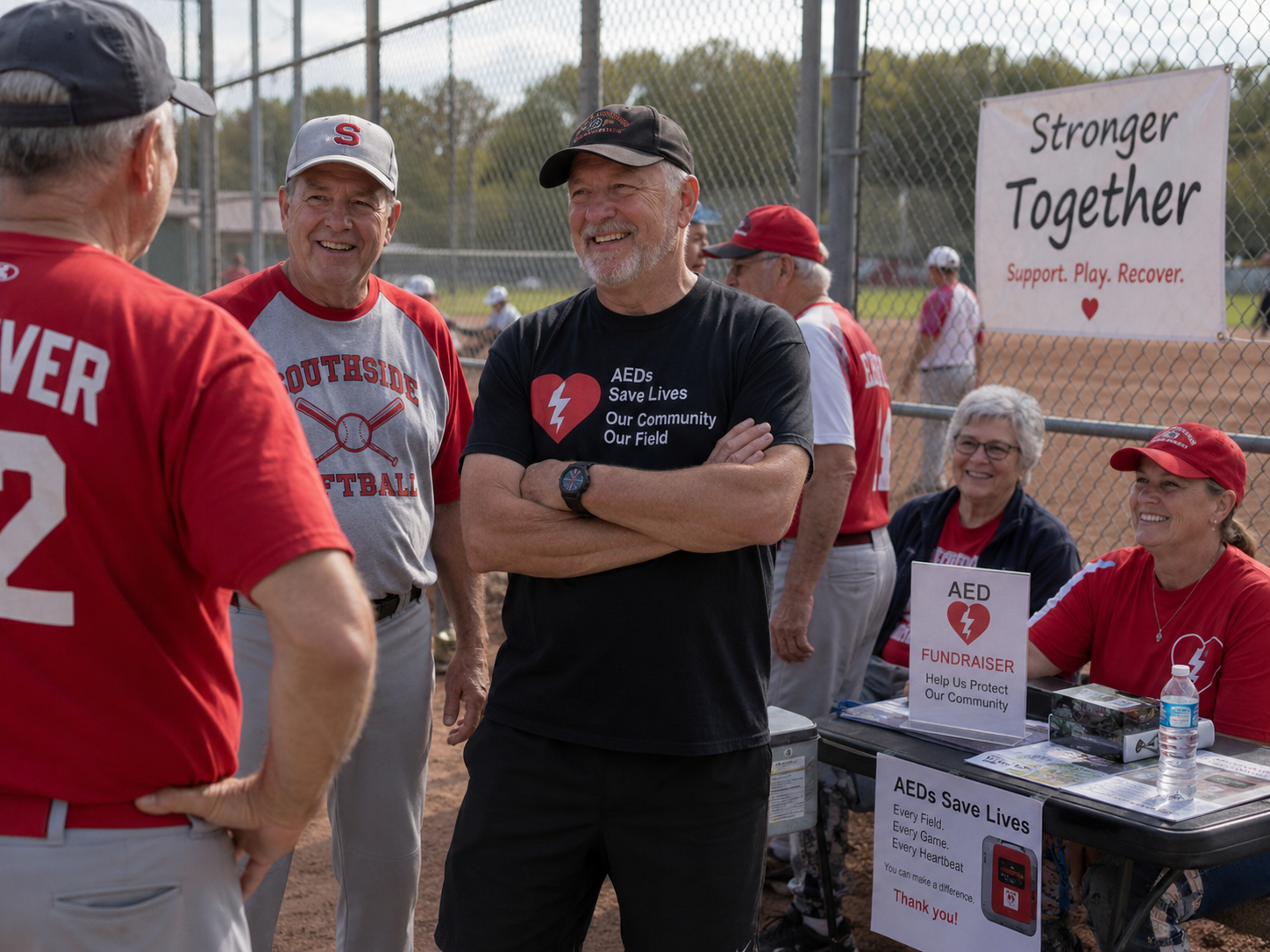 Community members in softball jerseys gathered at a Stronger Together AED fundraiser booth at a ballfield, smiling and talking together