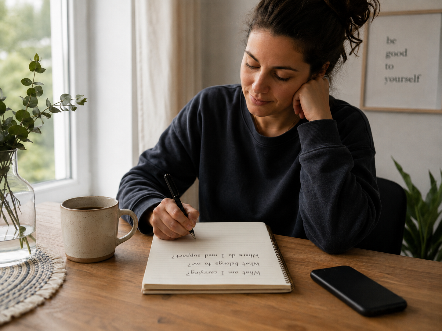 Woman writing reflective self-check questions in a journal at a kitchen table, with a coffee mug and a sign reading be good to yourself in the background