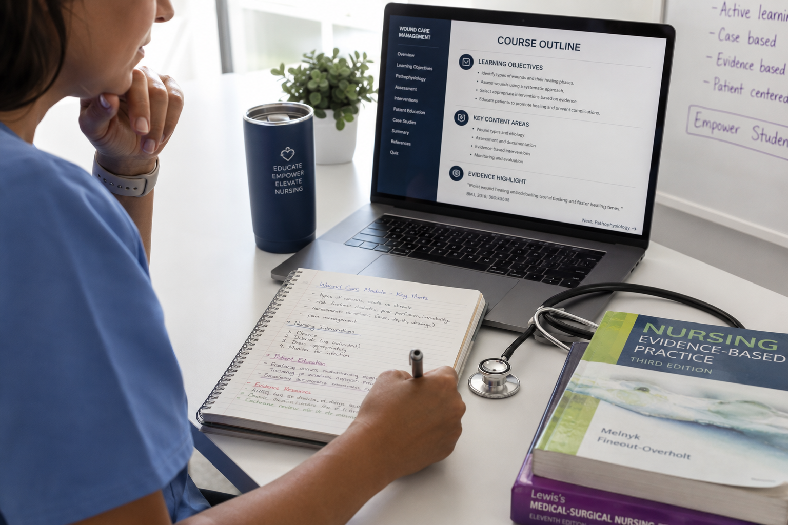 Nurse in scrubs taking handwritten notes beside a laptop showing a course outline, with nursing textbooks and a stethoscope on the desk