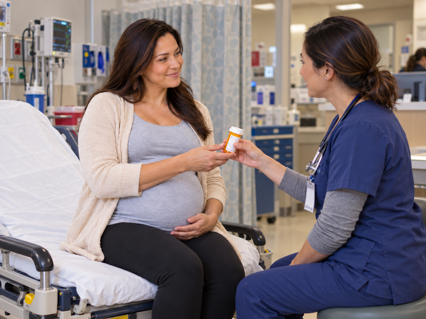 Nurse handing a prescription bottle to a pregnant patient and explaining her medication before discharge