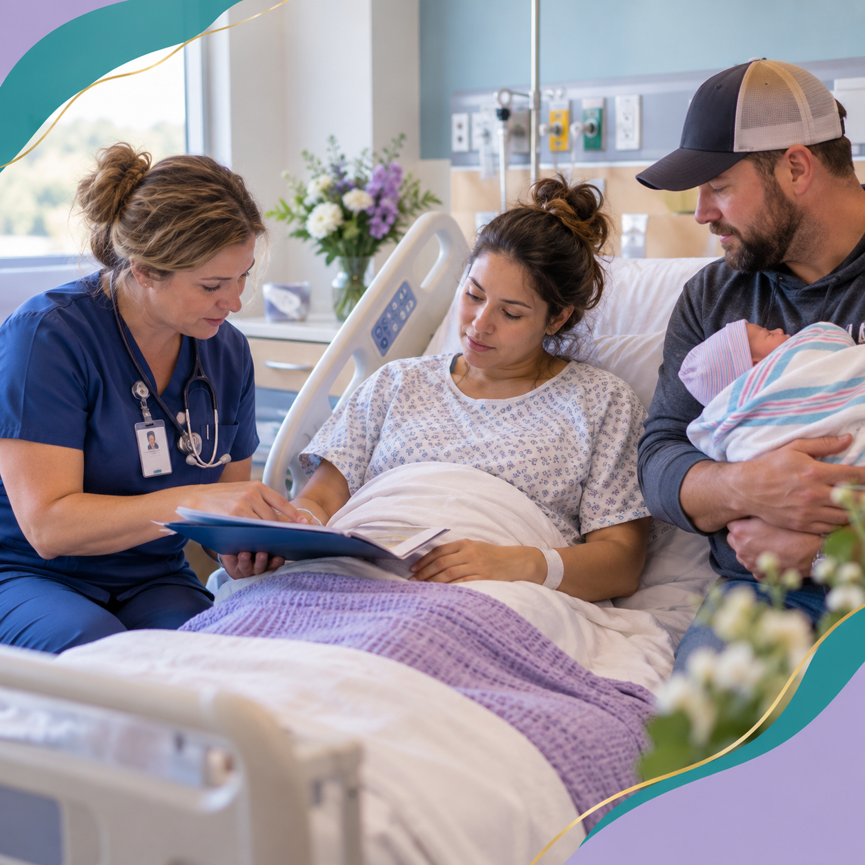 Nurse reviewing a discharge plan with a postpartum patient in a hospital bed while her partner holds their newborn