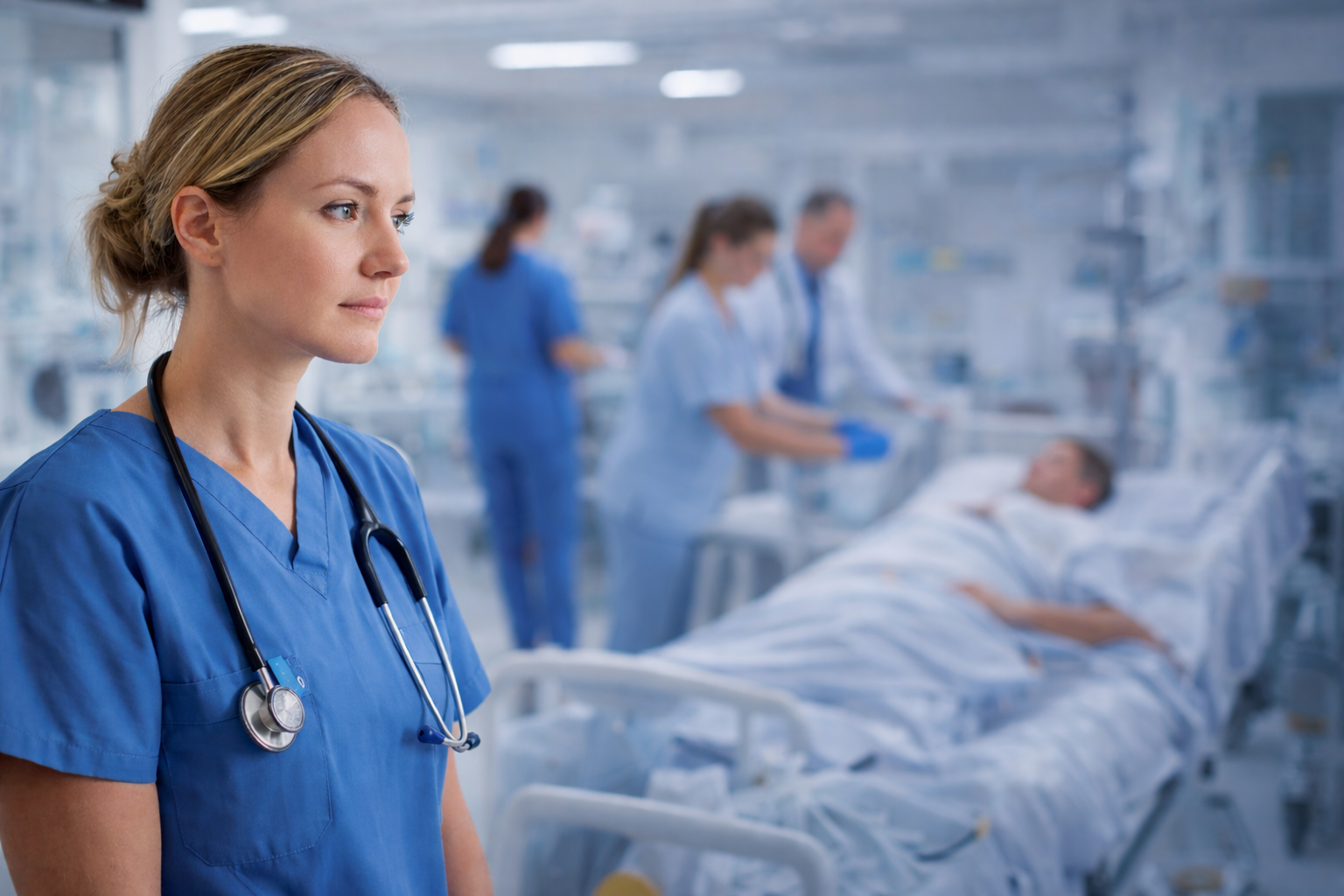 Registered nurse in blue scrubs standing in a hospital room while other clinicians care for a patient in the background.