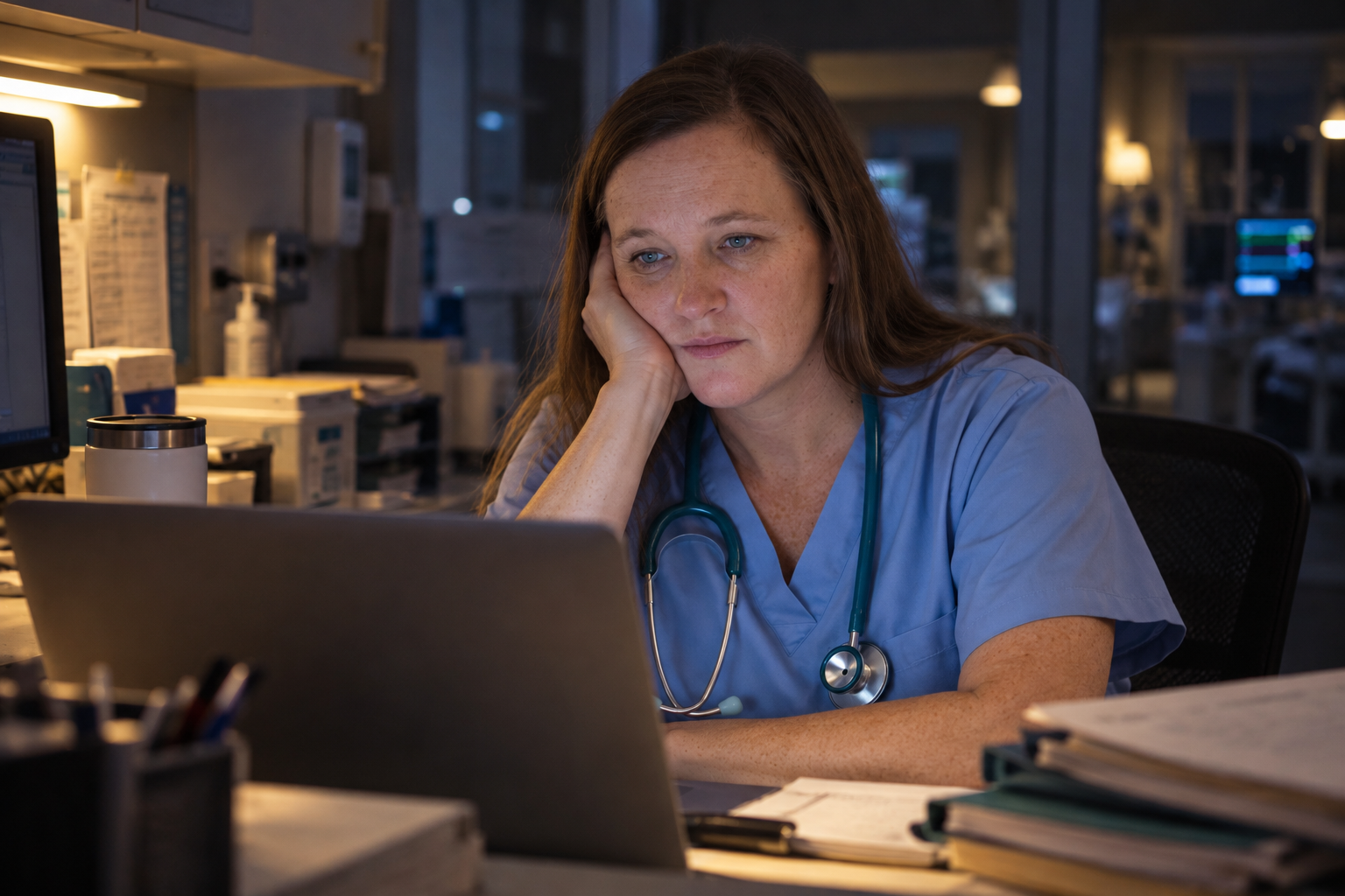 A tired nurse at a computer late at night, or a stack of certificates, would make the problem feel real.
