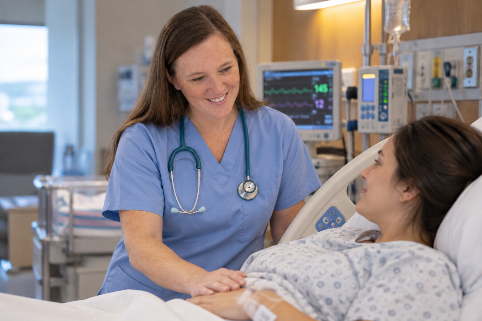 Experienced nurse providing confident bedside care to a patient