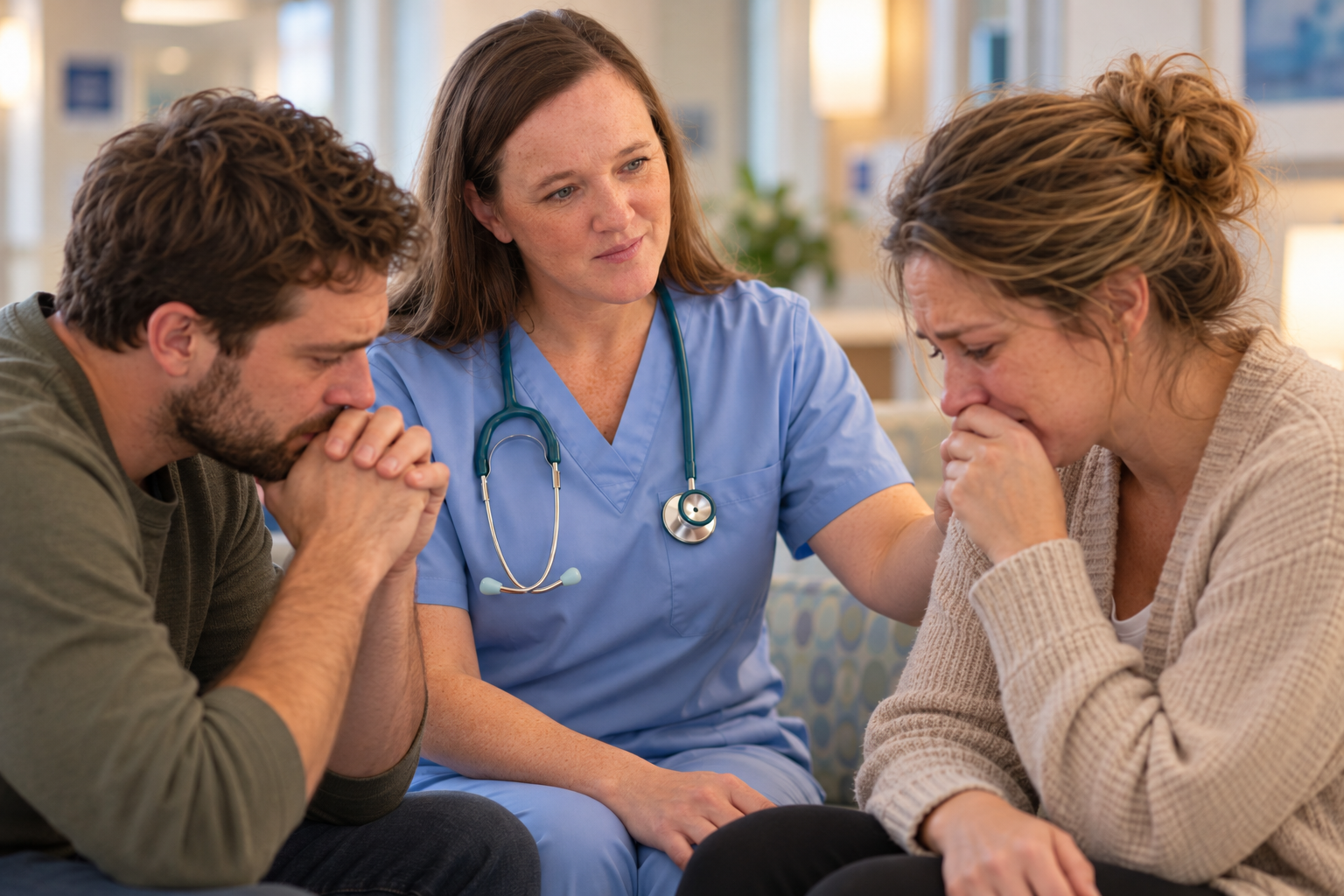 Nurse offering calm, reassuring support to a patient’s family