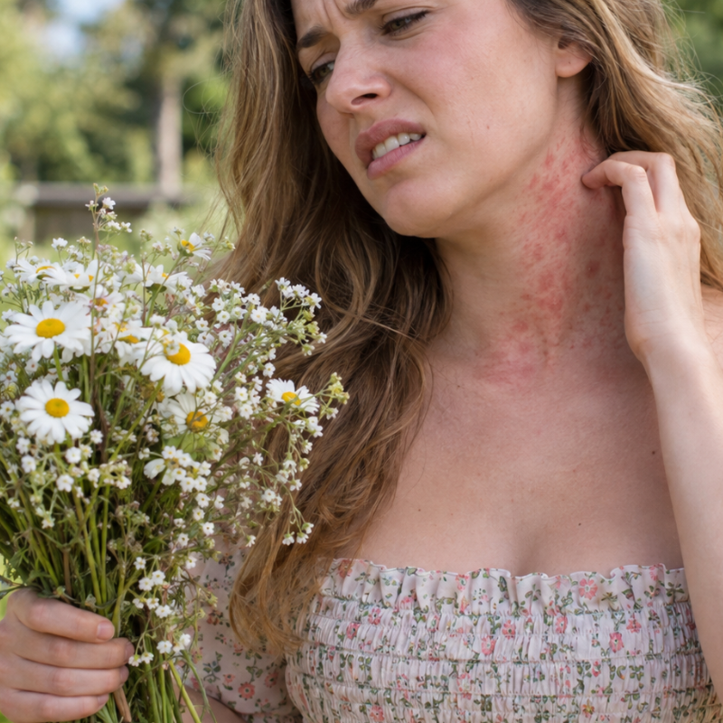 Woman scratching an itchy red rash and hives on her neck while holding fresh flowers outdoors, illustrating possible skin symptoms of an allergic reaction.