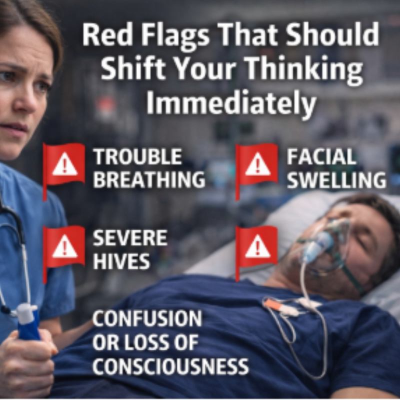 Nurse standing beside a hospitalized patient receiving oxygen, with an infographic highlighting anaphylaxis warning signs, including difficulty breathing, facial swelling, severe hives, confusion, and loss of consciousness.