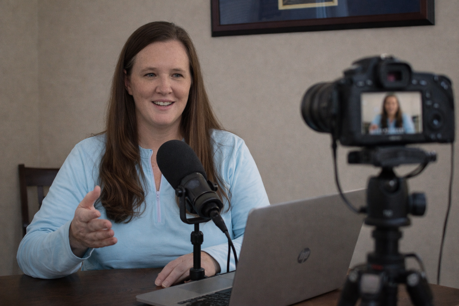 Jeanese Ex, RN, BSN, recording a nurse-led continuing education course with a microphone, laptop, and camera