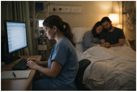 Labor and delivery nurse quietly charting in a dimly lit hospital room while a grieving couple holds each other in bed