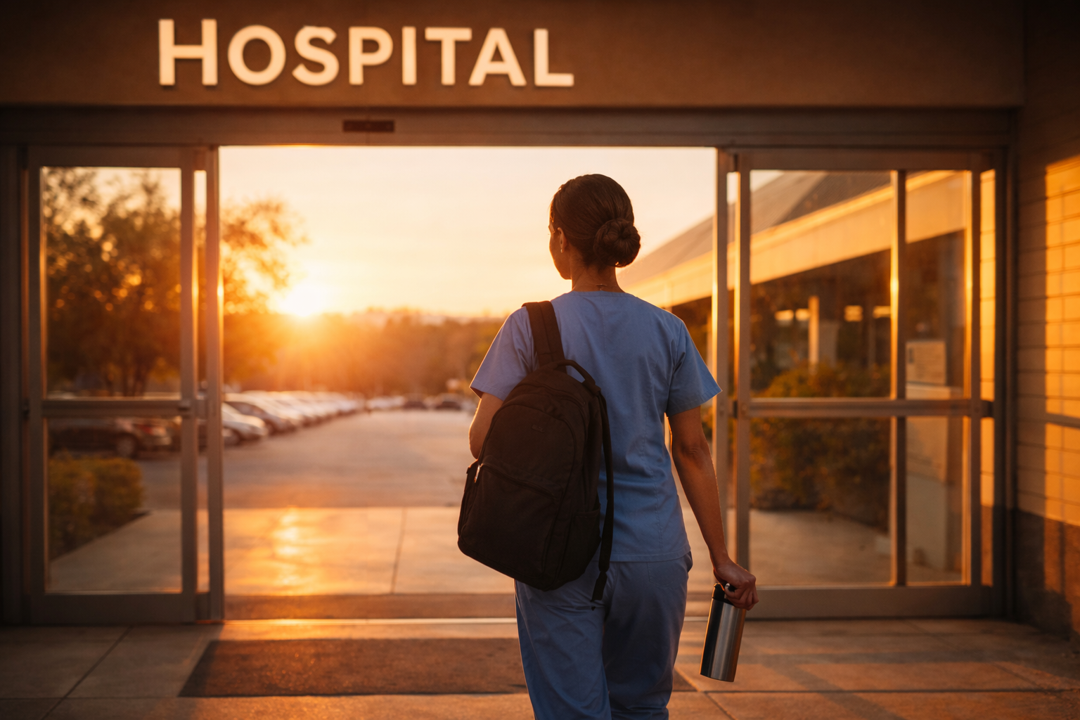 Nurse in scrubs with a backpack walking out of the hospital doors at sunset after a long shift