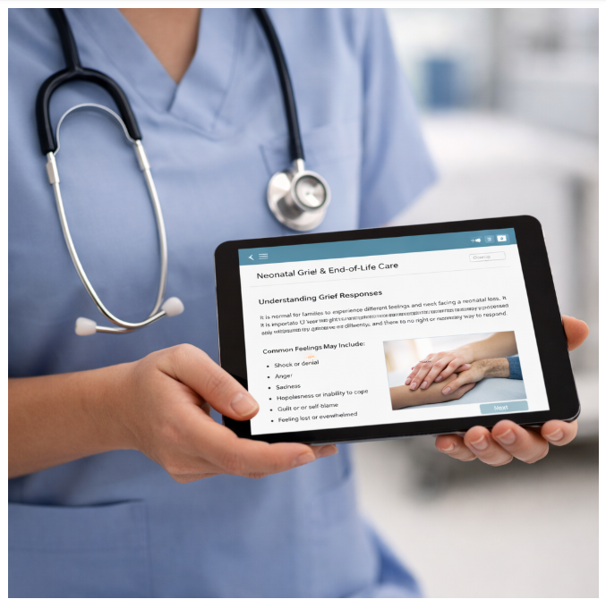 Nurse in scrubs holding a tablet showing an online continuing education lesson on neonatal grief and family grief responses