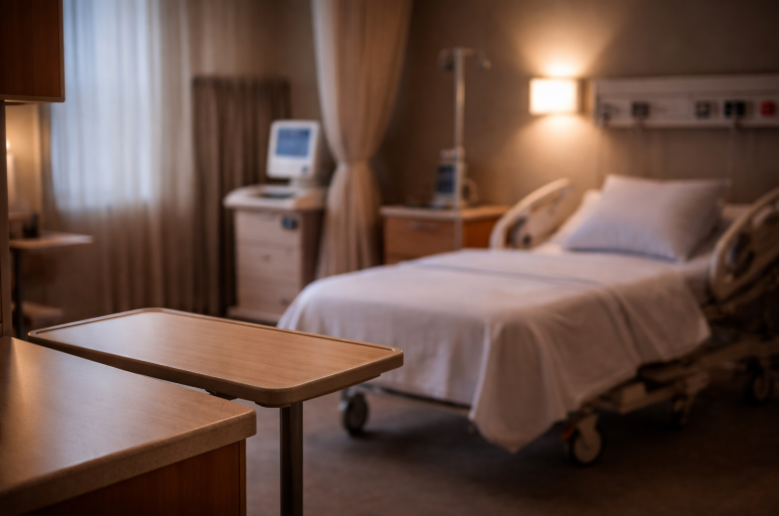 Quiet, dimly lit hospital room with an empty bed, representing the space nurses hold for families during neonatal grief