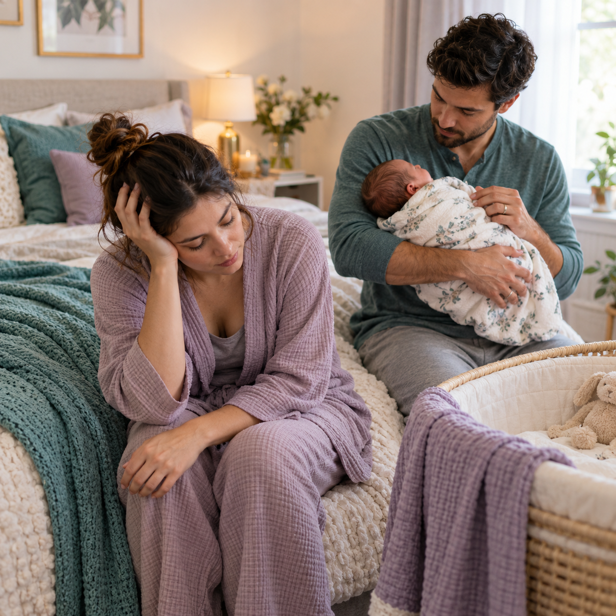Exhausted new mother sitting on the edge of her bed at home with her head in her hand while her partner holds their newborn