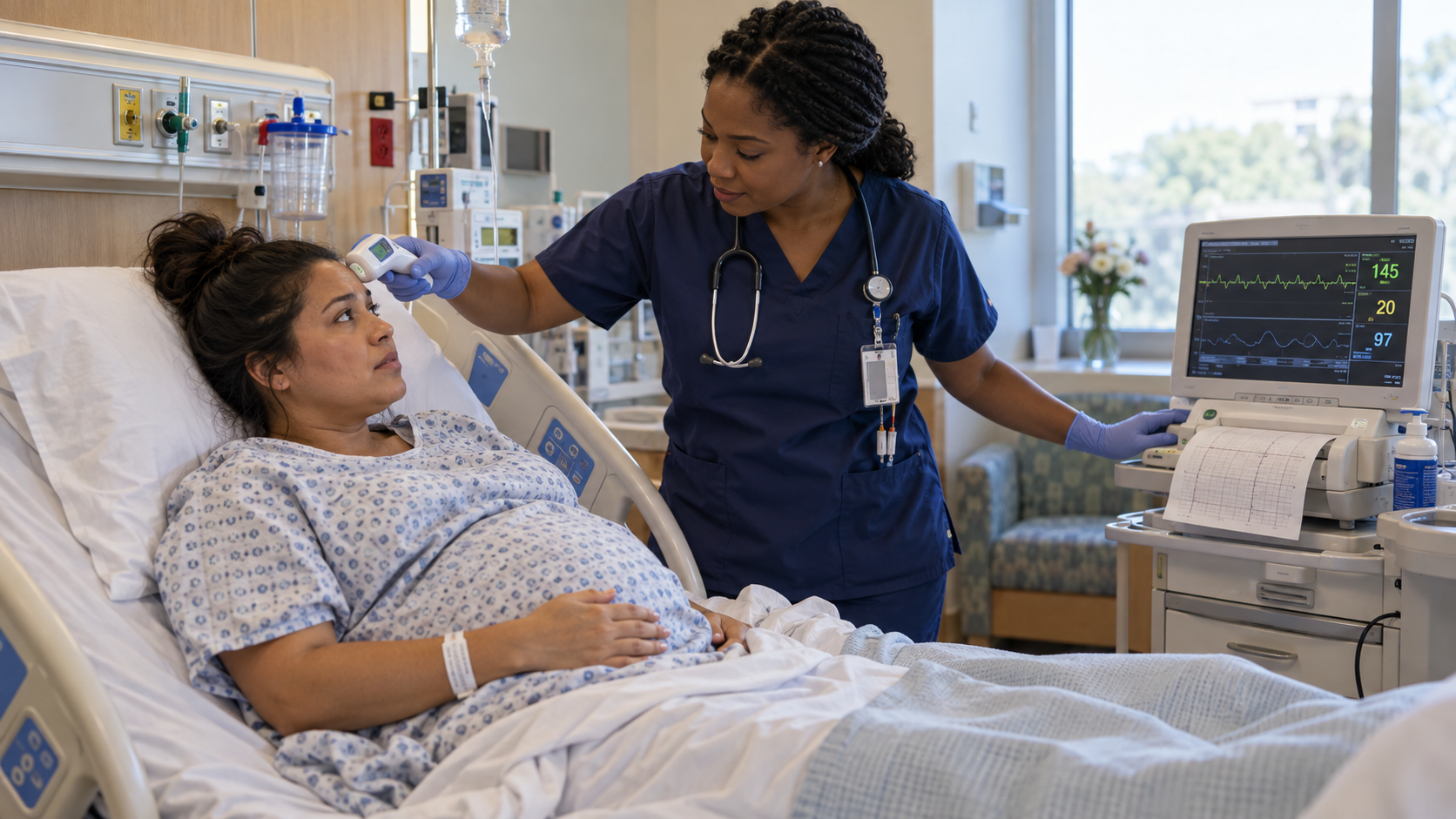 Nurse checking a pregnant patient’s temperature with a forehead thermometer while monitoring her on a fetal monitor in a hospital room