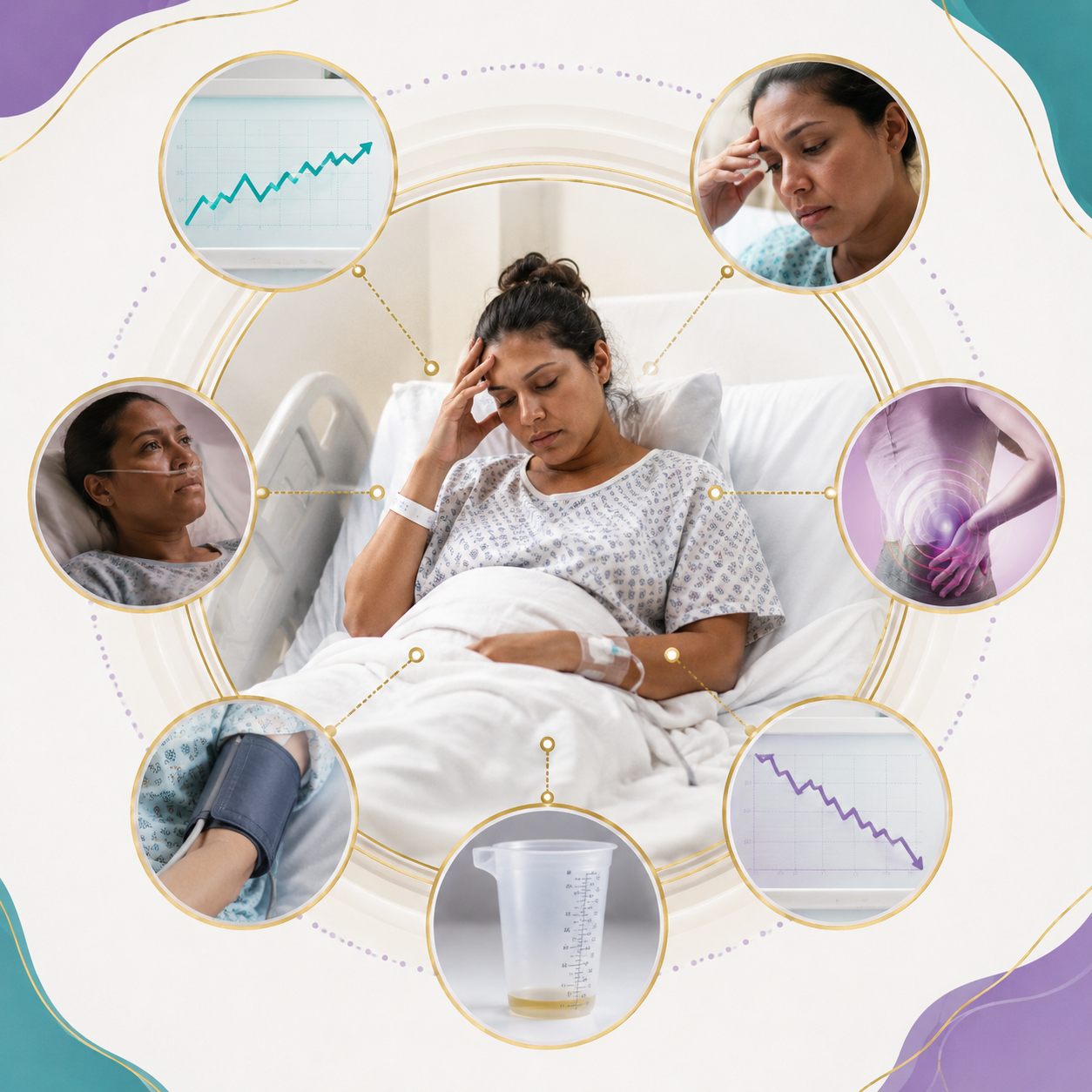Illustration of a postpartum patient in bed surrounded by signs of possible infection, including rising and falling vital sign trends, headache, flank pain, decreased urine output, and blood pressure monitoring