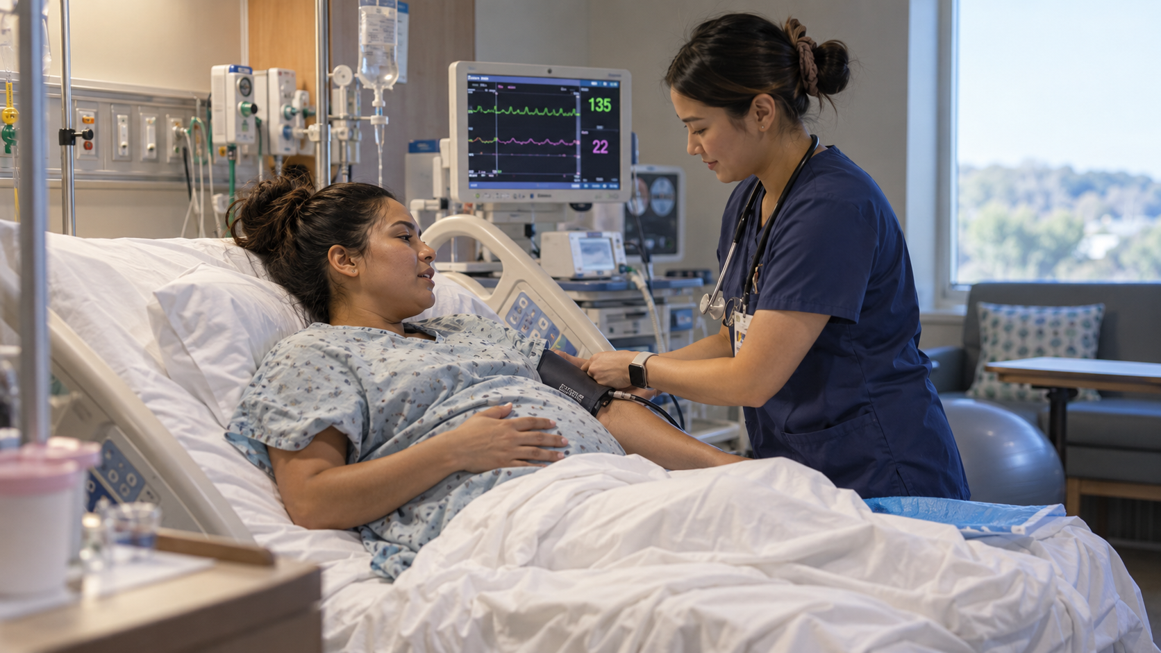 Nurse placing a blood pressure cuff on a laboring patient in a hospital bed, with a vital signs monitor and birthing ball in the room