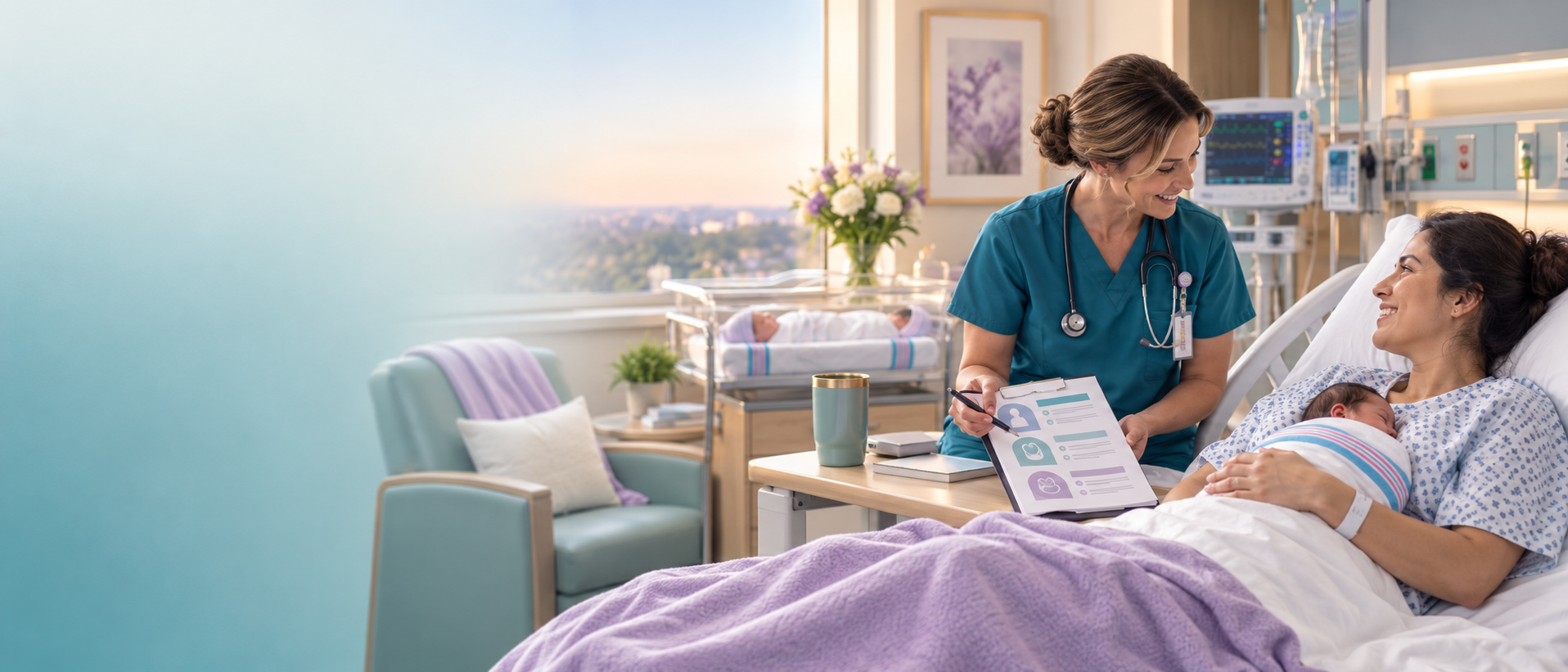 Postpartum nurse reviewing a discharge checklist with a smiling new mother holding her newborn in a hospital bed