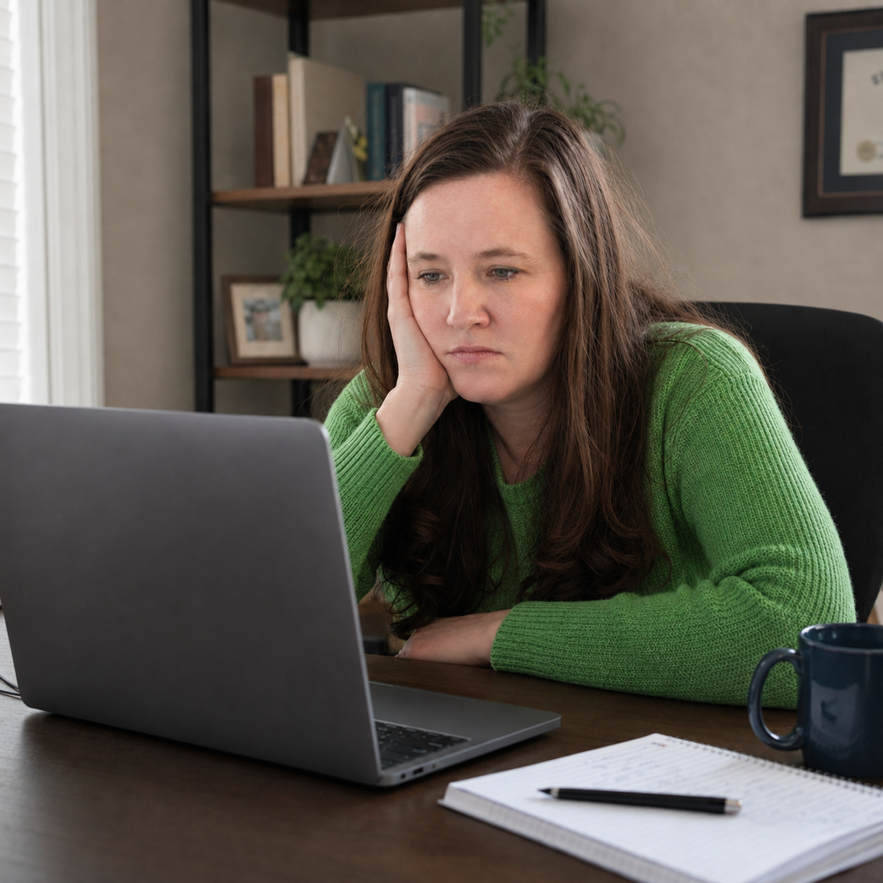 Tired, bored woman resting her head on her hand while staring at a laptop during an online continuing education course