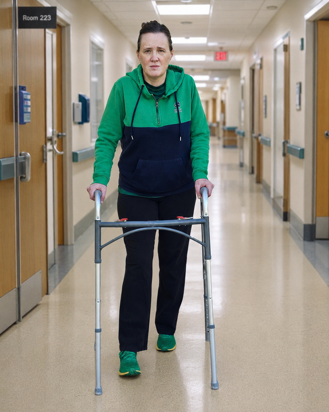 Jeanese Ex, RN, BSN in a green & navy Notre Dame hoodie walking with a walker down a hospital hallway during recovery