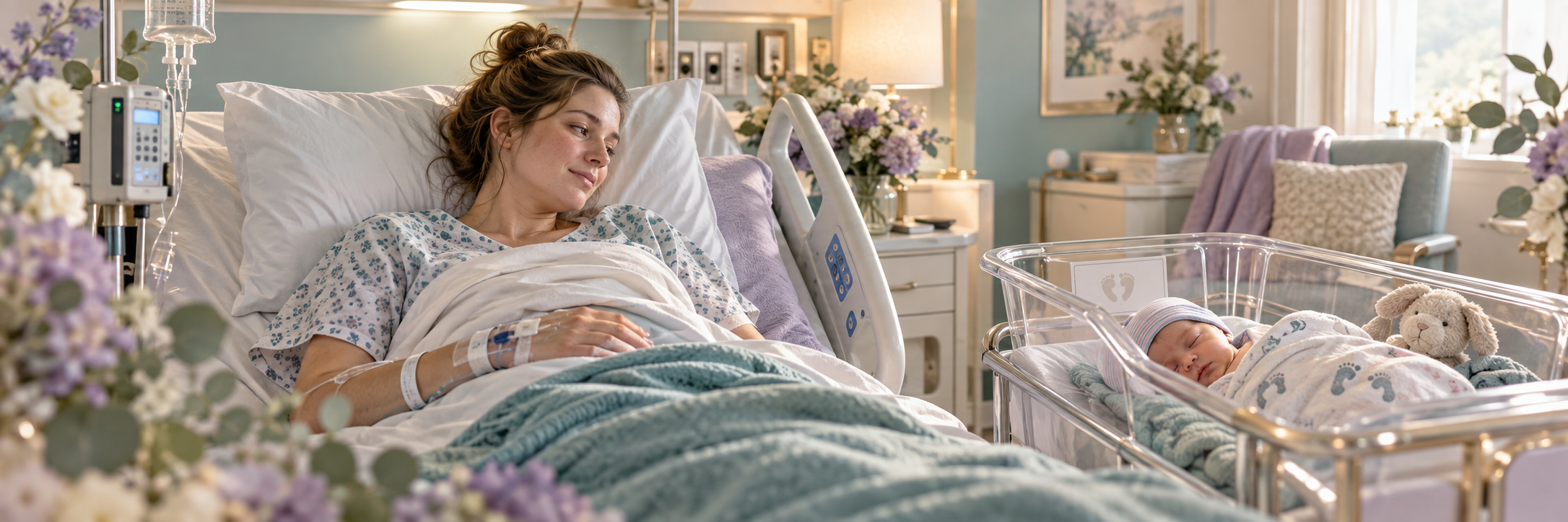 Postpartum patient with an IV resting in a hospital bed and smiling at her newborn sleeping in a bassinet beside her