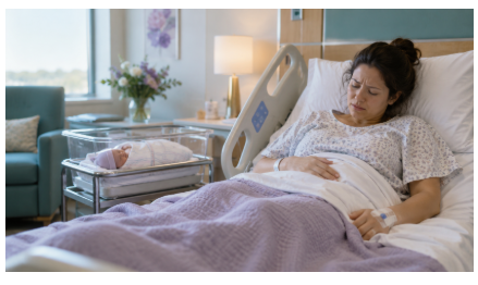 Postpartum patient lying in a hospital bed with her hand on her abdomen and a pained expression, her newborn sleeping in a bassinet nearby