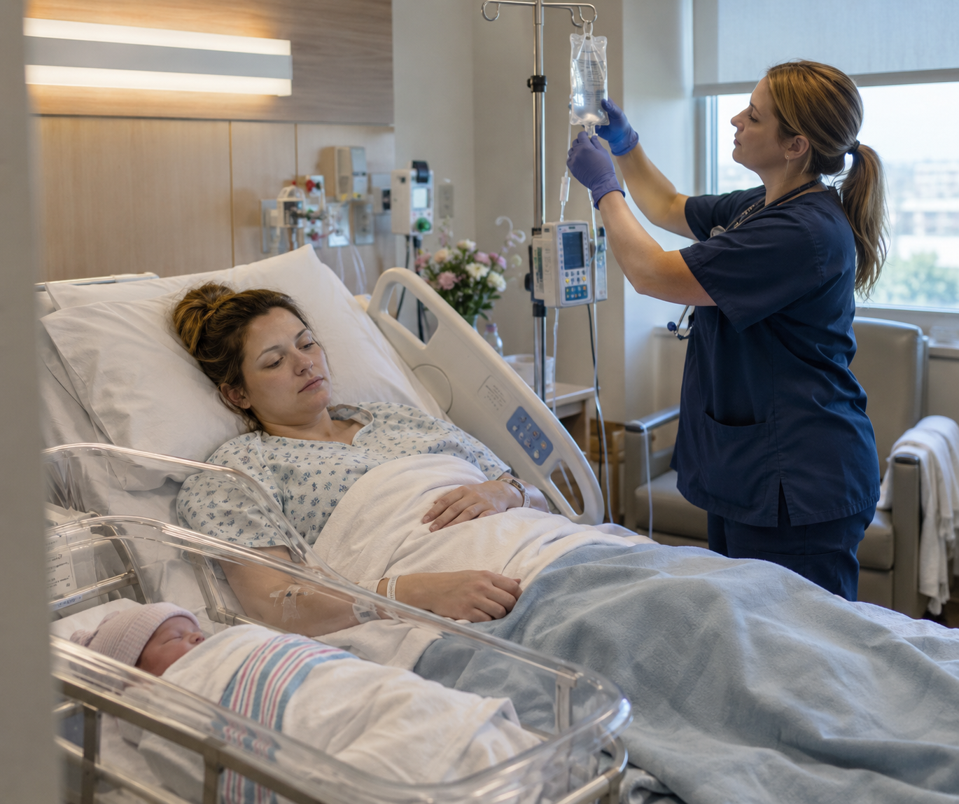 Nurse hanging an IV fluid bag for a resting postpartum patient, with her newborn sleeping in a bassinet beside the bed