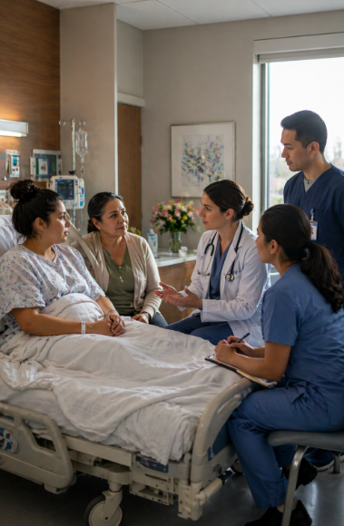 Physician and nurses meeting with a postpartum patient and her family member at the bedside to discuss her plan of care