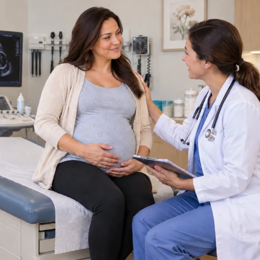 Healthcare provider with a clipboard talking with a pregnant patient in a prenatal exam room with an ultrasound machine