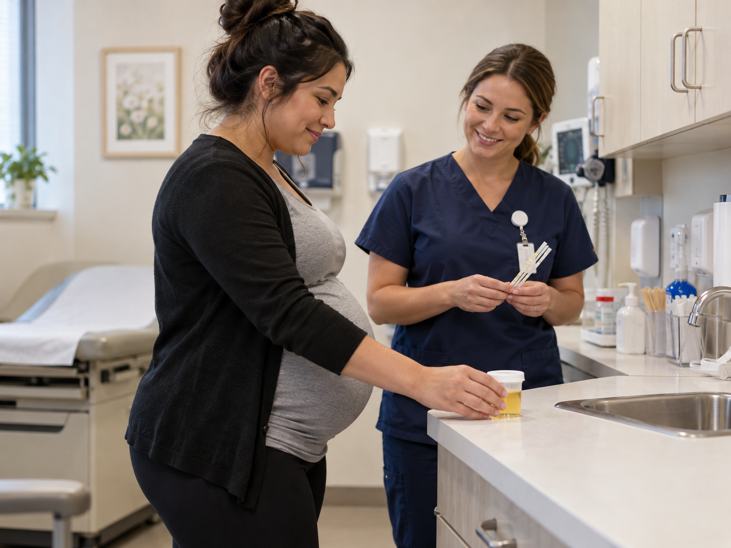 Nurse explaining urine culture collection to a pregnant patient holding a specimen cup in a clinic exam room