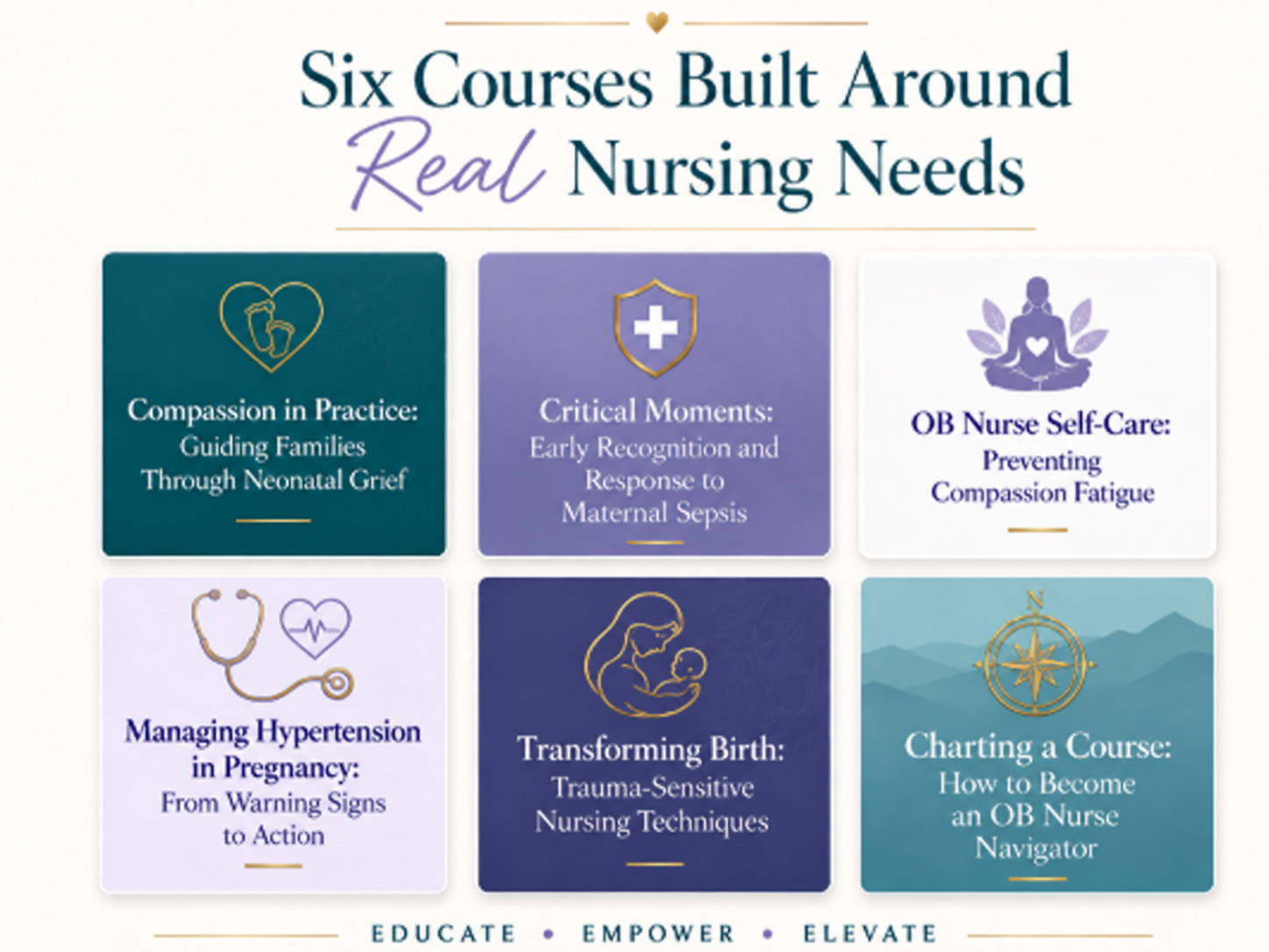Graphic titled Six Courses Built Around Real Nursing Needs showing six continuing education courses: Compassion in Practice, Critical Moments, OB Nurse Self-Care, Managing Hypertension in Pregnancy, Transforming Birth, and Charting a Course Graphic titled Six Courses Built Around Real Nursing Needs showing six continuing education courses: Compassion in Practice, Critical Moments, OB Nurse Self-Care, Managing Hypertension in Pregnancy, Transforming Birth, and Charting a Course