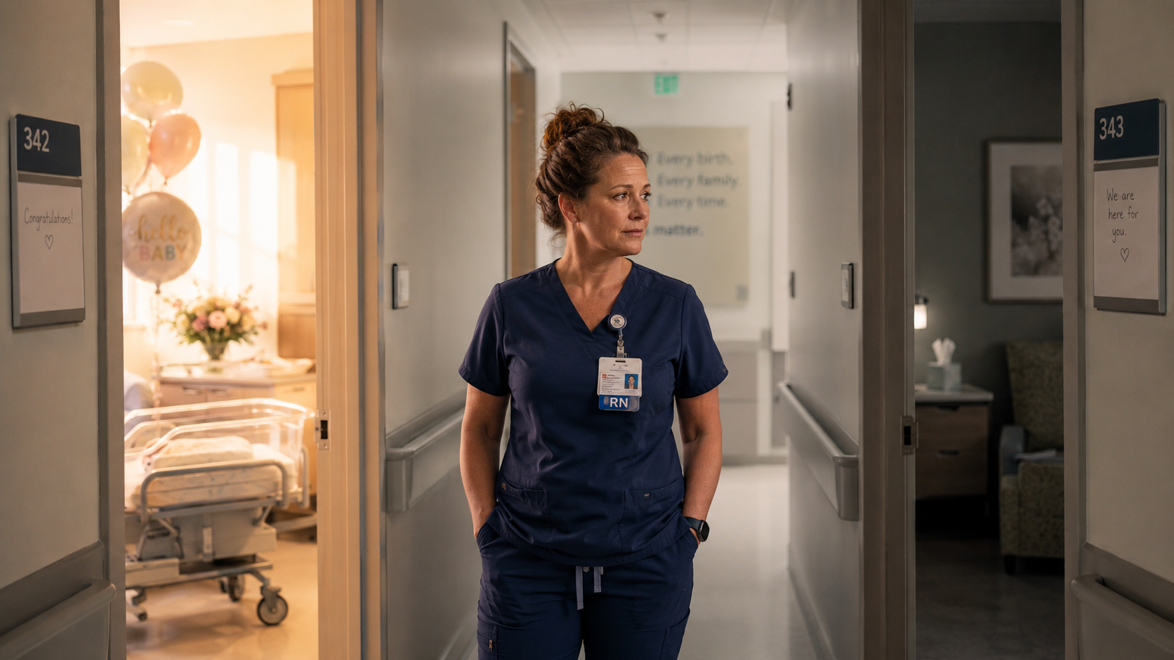 Nurse standing in a hospital hallway between a bright labor room decorated with celebration balloons and a dim, quiet patient room