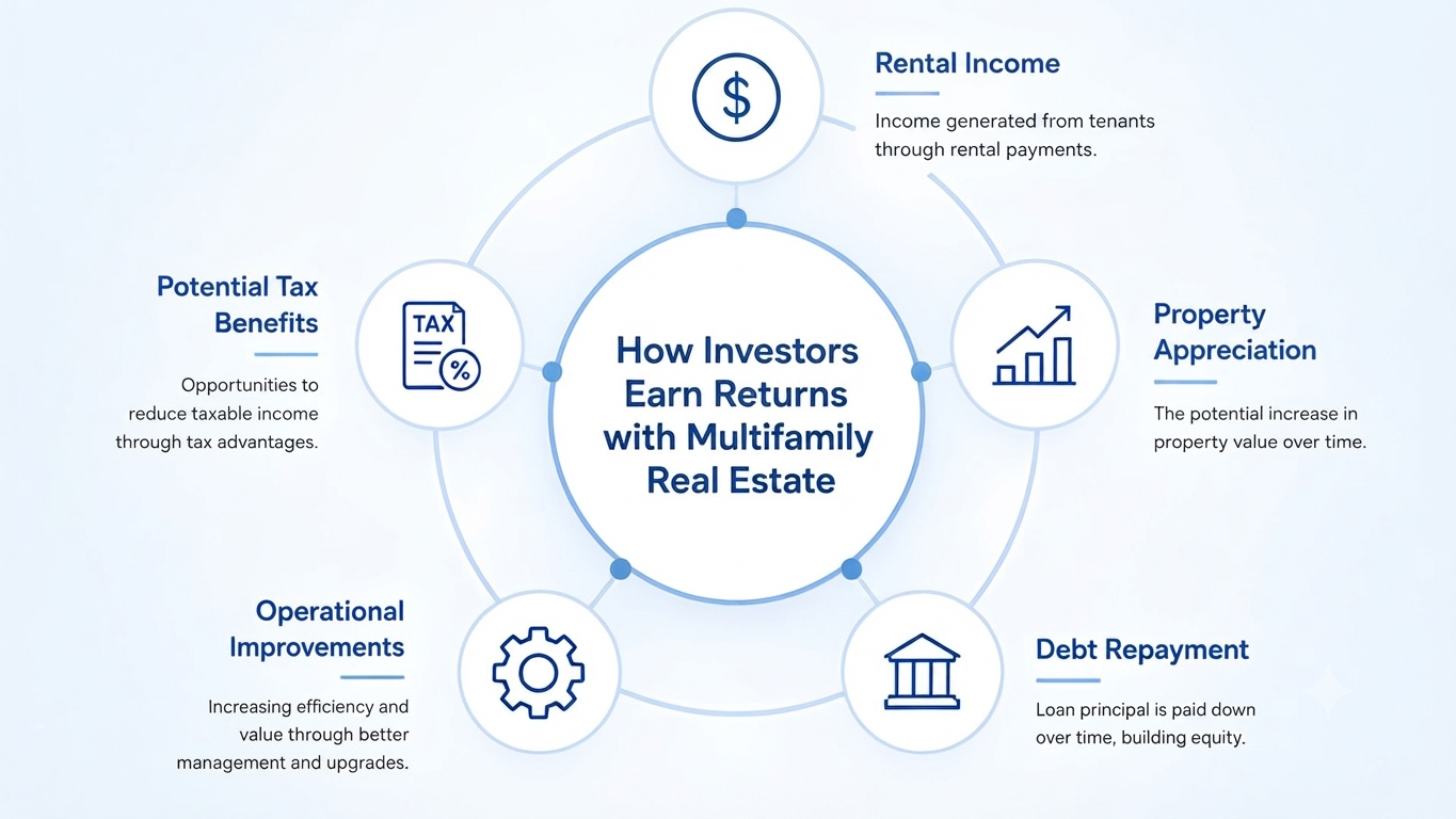 How investors earn returns with multifamily real estate through rental income, property appreciation, debt repayment, operational improvements, and potential tax benefits