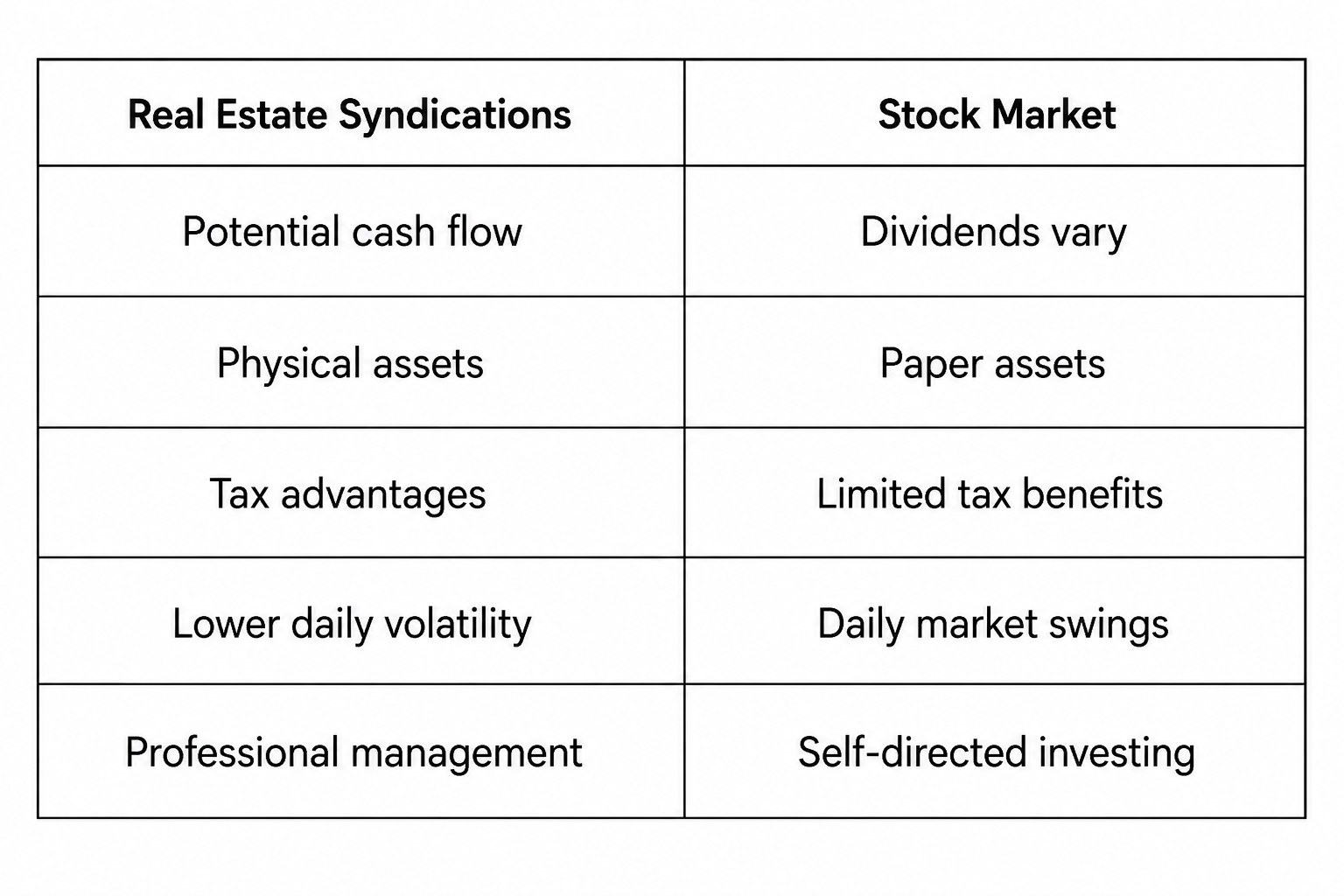 Real Estate Syndications vs Stock Market comparison table showing cash flow, tax advantages, volatility, and management differences.
