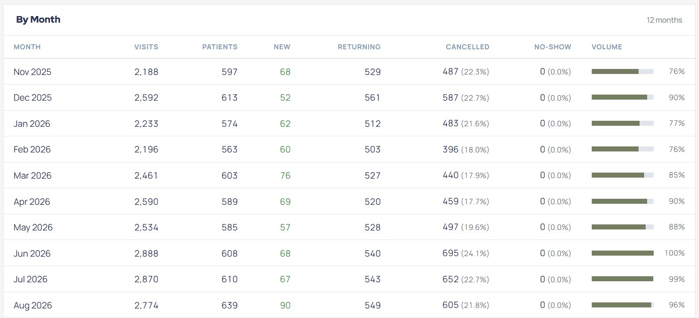 Month by month breakdown of visits, new and returning patients, and cancellations for the same 12 month period.