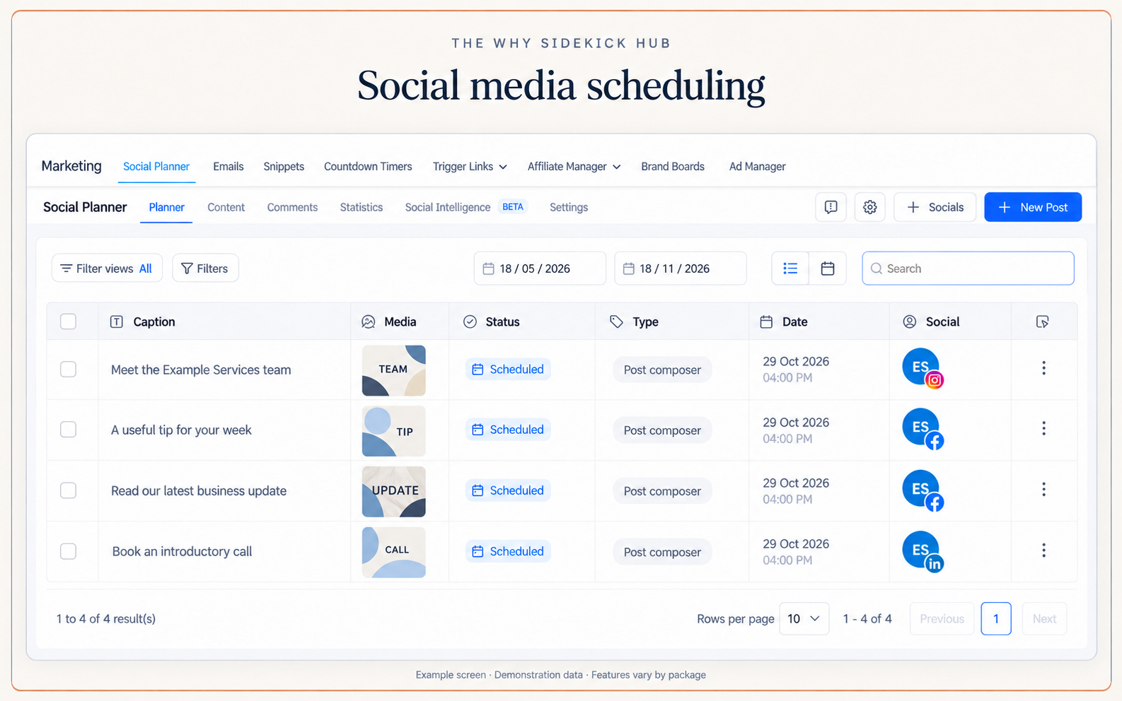 Example social scheduling dashboard