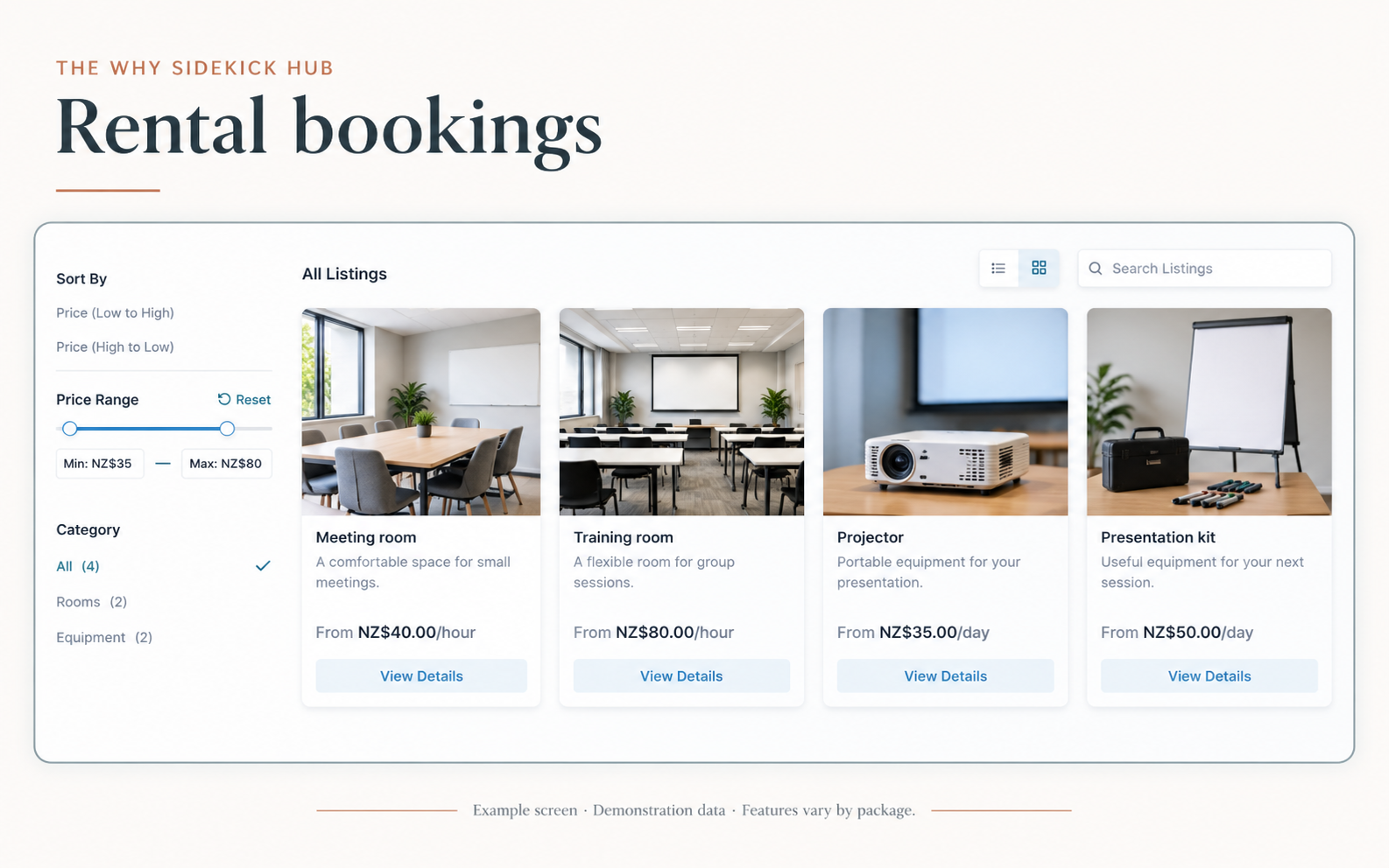 Example: Rental and equipment bookings