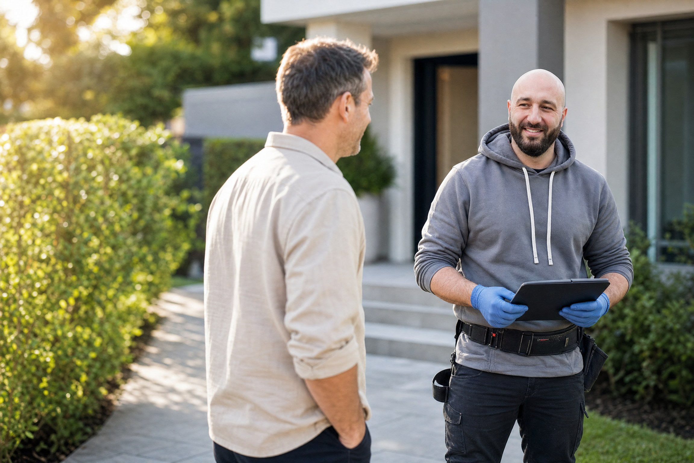 Pest control technician in hi-vis shaking hands with a homeowner