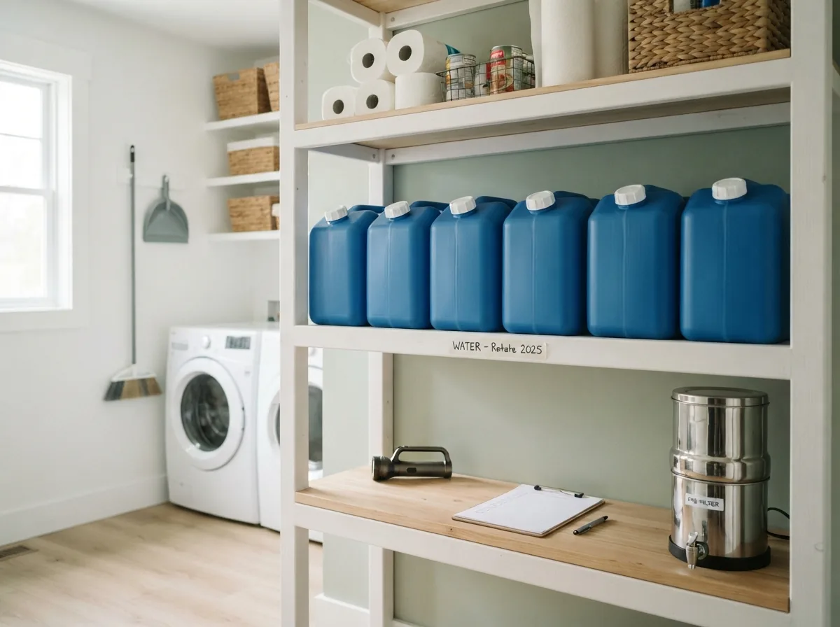 Organized emergency water supply with household water storage containers and preparedness supplies in a modern home