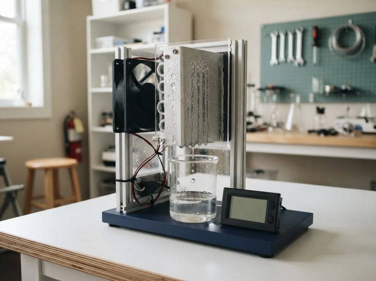 Small home atmospheric water generation setup collecting condensation into a water container