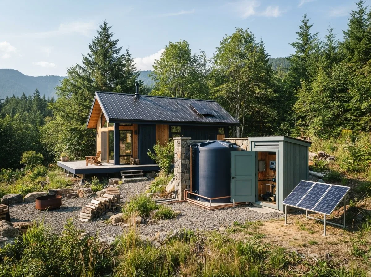 Off-grid home water system with storage tank, pump equipment and solar power near a rural cabin