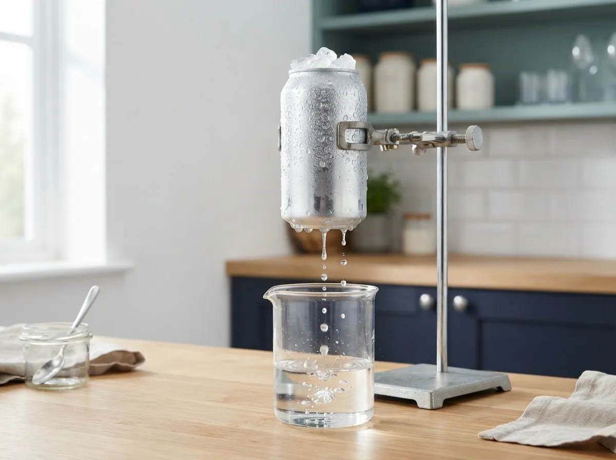 Home experiment demonstrating moisture from air condensing on a cooled surface and collecting in a container