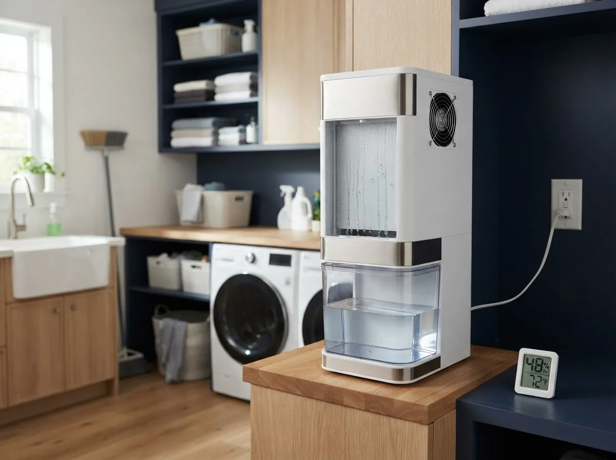 Residential atmospheric water generator setup in a modern home utility space collecting moisture from indoor air