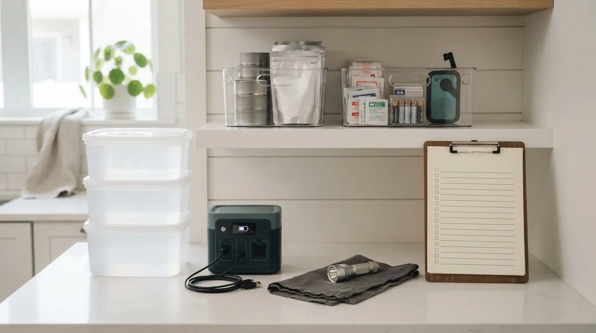 Organized household preparedness supplies including stored water, backup power and a practical emergency checklist