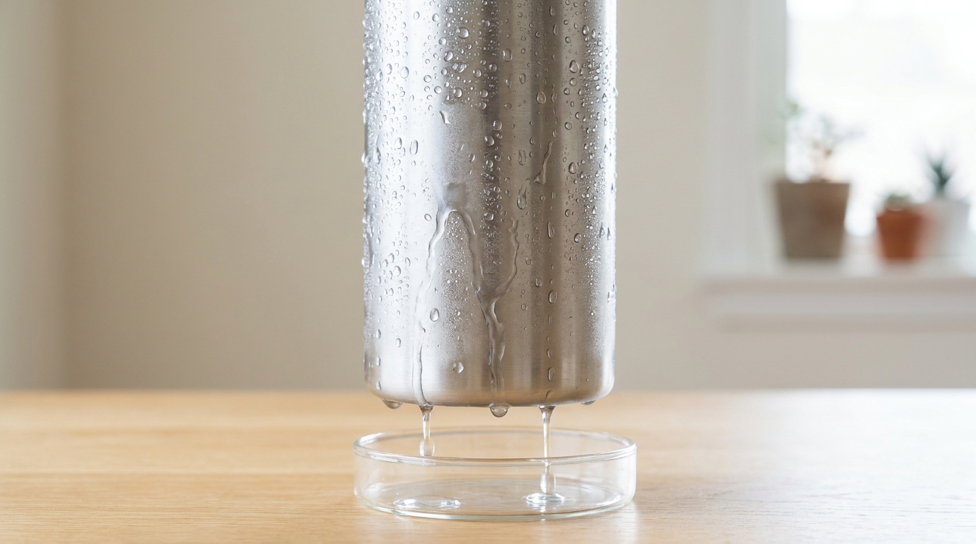 Water droplets condensing from humid air onto a cold surface