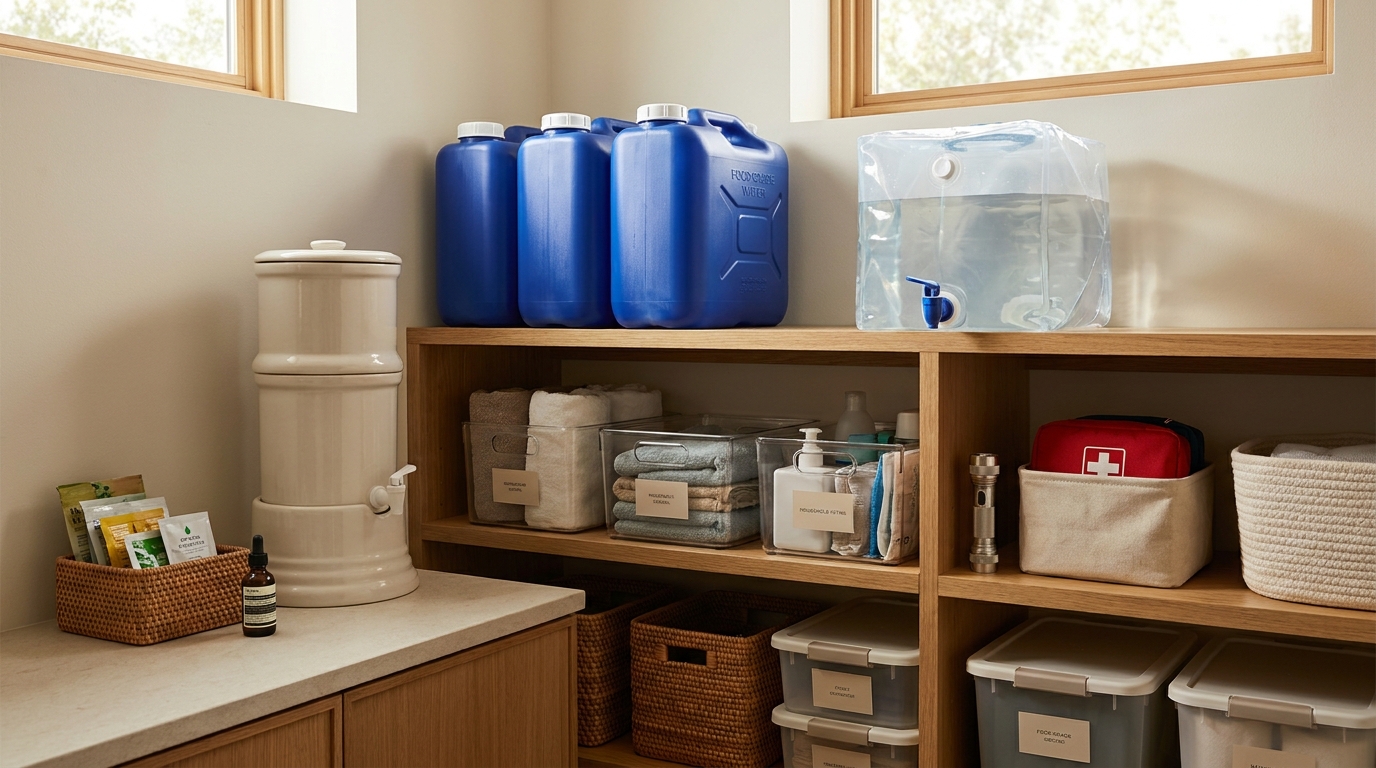 Practical household backup water supplies organized for emergencies