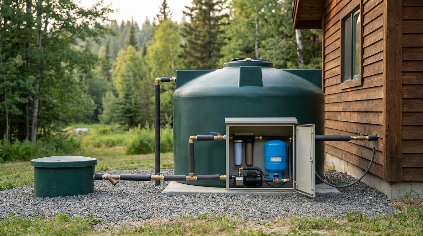 Off-grid water storage tank and pump system at a small cabin