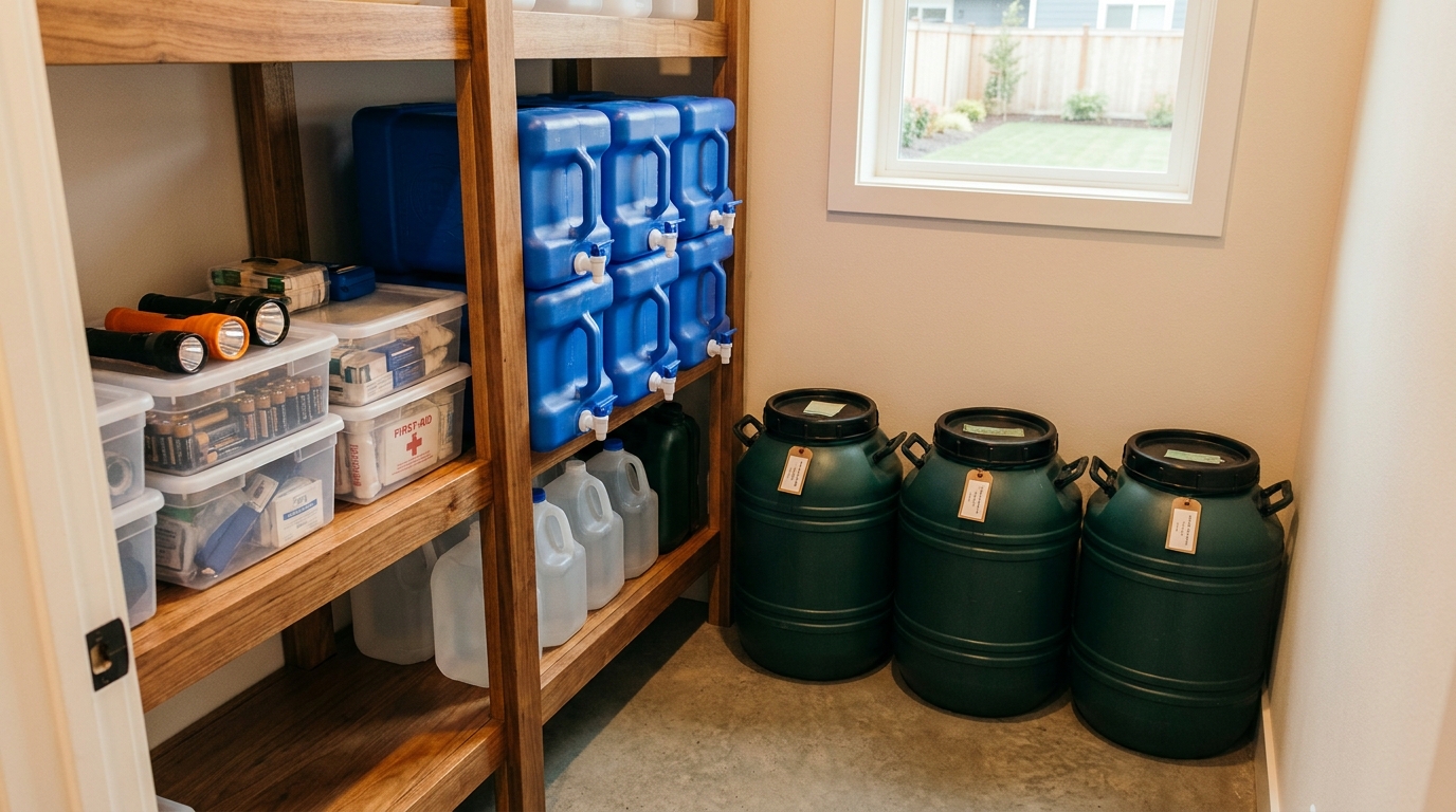 Organized emergency water containers stored in a home