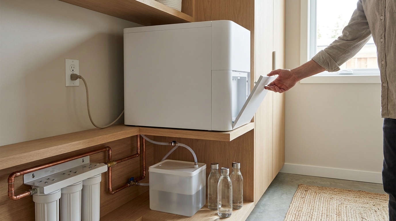 Home atmospheric water generator installation in a residential setting